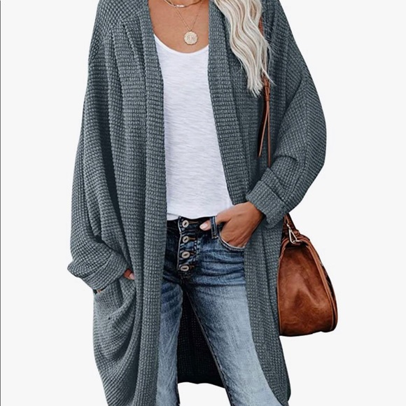 NWT Waffle Knit Batwing Long Sleeve Cardigan Loose Open Front Sweater Coat - Picture 5 of 10